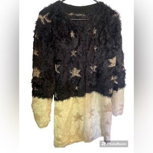 Dor Dor couture open front fuzzy black white gold metallic sweater 
Eyelash